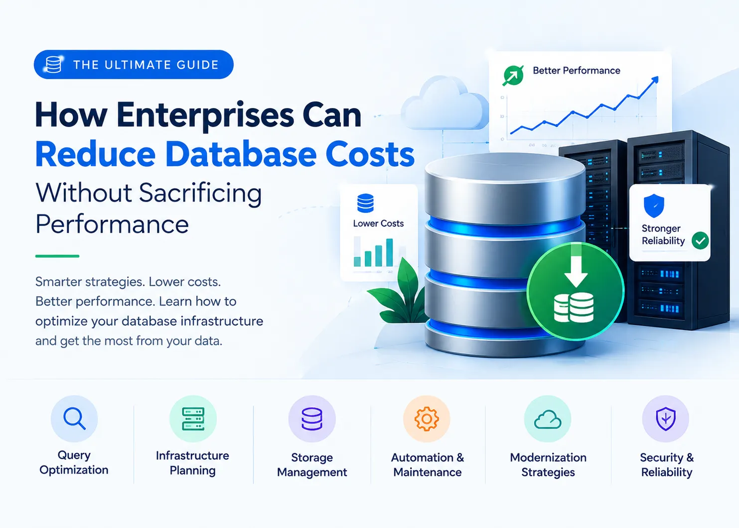 Enterprise database cost optimization banner illustrating query optimization, infrastructure planning, storage management, automation, modernization, and security to reduce operational expenses while maintaining database performance, reliability, and scalability.